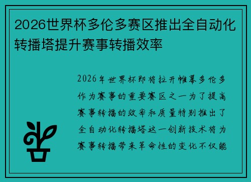 2026世界杯多伦多赛区推出全自动化转播塔提升赛事转播效率